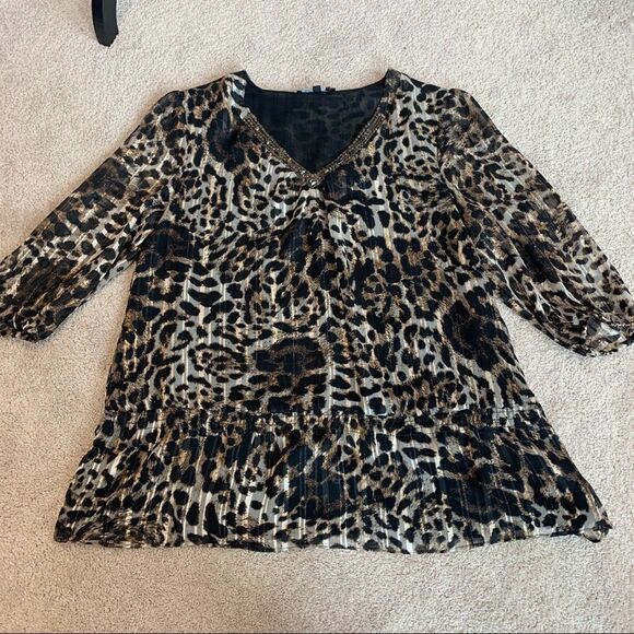 Laura Petites Leopard animal print chiffon sheer transparent beaded blouse Sz XL - Picture 6 of 13